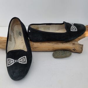 Ugg black suede flats rhinestone bow